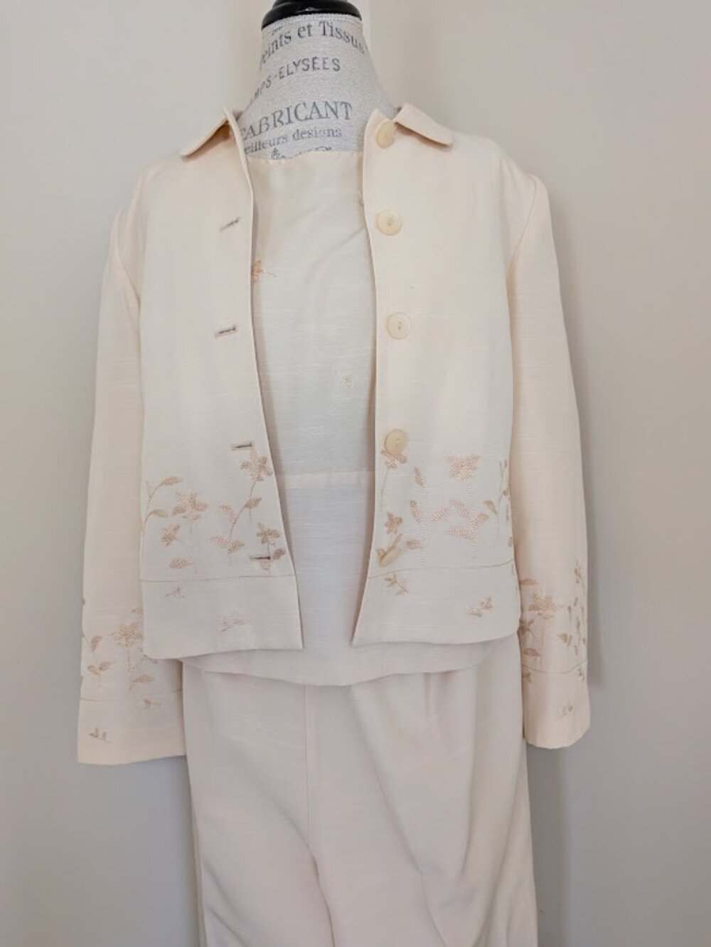 vtg Norton McNauchton pale yellow 3pc floral embroider women's pants suit